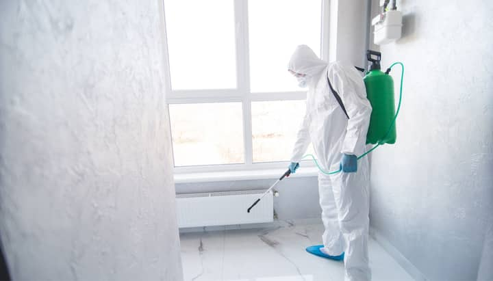 A certified mold inspector using specialized equipment to identify and locate mold growth in a residential property in Albuquerque